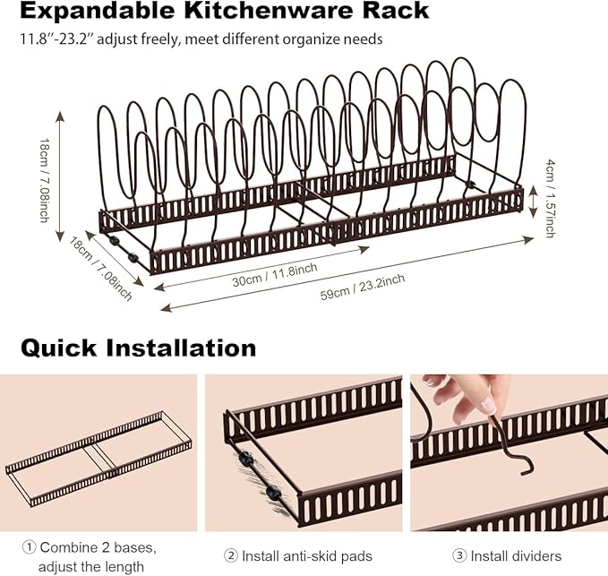 Housolution Pot and Pan Organizer Rack for Cabinet, Expandable Pot Lid Organizer with 15 Adjustable Dividers, Pan Holder Storage Rack for Kitchen Cabinet, Bronze - Image 5