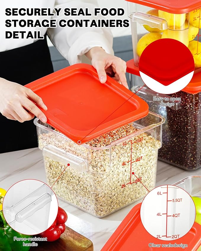 8QT NSF Food Storage Containers: 8 PCS [Food Grade][Hot&Cold Resistant] Commercial Clear Square Food Storage Containers with Scales Handles for Home Restaurant Kitchen Proof Dough (Red)