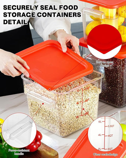 8QT NSF Food Storage Containers: 8 PCS [Food Grade][Hot&Cold Resistant] Commercial Clear Square Food Storage Containers with Scales Handles for Home Restaurant Kitchen Proof Dough (Red)