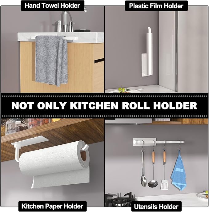 Paper Towel Holder - Self-Adhesive or Drilling, White, Upgraded Aluminum Kitchen Roll Dispenser Under Cabinet, Lighter but Stronger Than Stainless Steel! - Image 4
