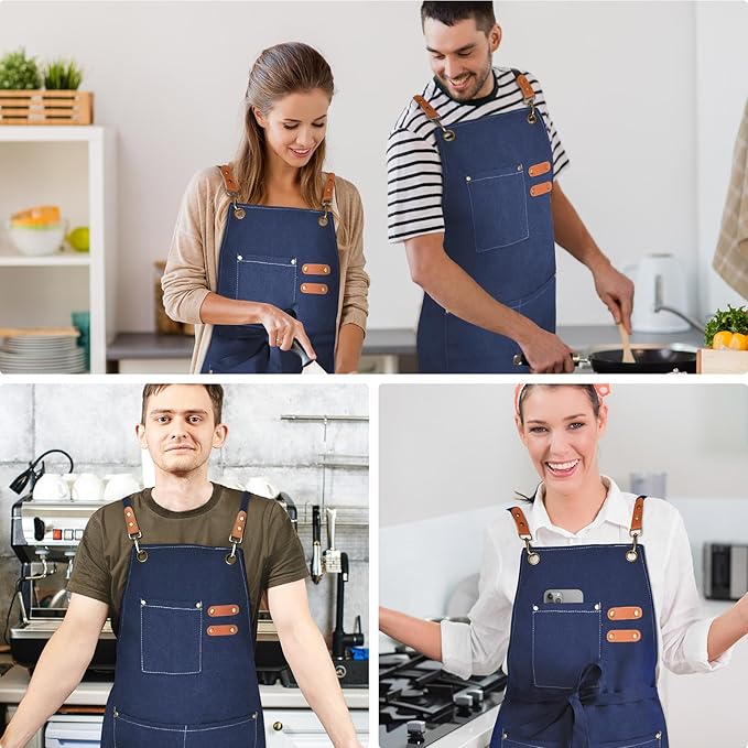 OUNLEN Chef Apron for Men Women Canvas Aprons with 3 Pockets Cross Back Resistant Work Apron for Cooking - Image 6