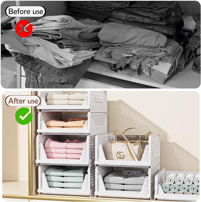 CTSNSLH 5 Pack Closet Organizers Storage Box, Closet Storage Stackable Storage Bins, Plastic Drawer Basket for Wardrobe Cupboard Kitchen Bathroom Office, White - Image 4