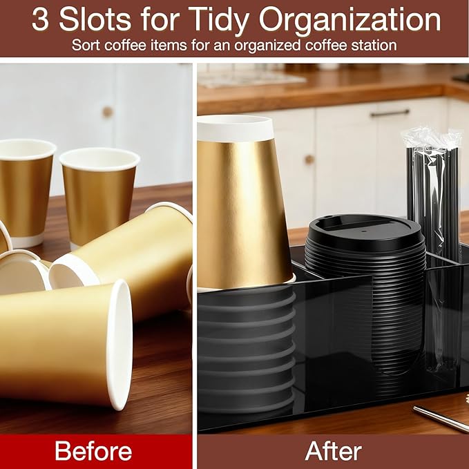 Acrylic Coffee Cup Holder for Countertop, 3 Slots Acrylic Coffee Bar Accessories and Organizer Anti Slip Waterproof, Clear Coffee Station Organizer for Cup Lid Straw,Transparent Black