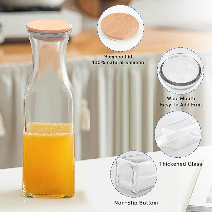 Glass Carafe with Bamboo Lid, Square 35 Oz Beverage Dispensers Carafe, Mimosa Bar Supplies, Clear Glass Pitcher with Name Labels for Iced Tea, Coffee, Juice(Set of 4)