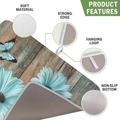 Teal Sunflowers Drying Mat 18x16 Inch, Summer Wooden Board Drying Mat with Absorbent Reversible Microfiber, Rustic Dish Drainer Mats Shabby Chic Floral Rack Pad for Coffee Countertop Kitchen Protector