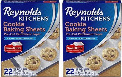 Reynolds Kitchens Cookie Baking Sheets, Pre-Cut Baking Parchment Paper Sheets for Cookies, Oven-Safe up to 425 Degrees, Reusable Up to 3X, No-Mess Cleanup, 12 in x 16 in, 22 Count (Pack of 2) by ReynoldsConsumerProducts