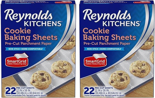 Reynolds Kitchens Cookie Baking Sheets, Pre-Cut Baking Parchment Paper Sheets for Cookies, Oven-Safe up to 425 Degrees, Reusable Up to 3X, No-Mess Cleanup, 12 in x 16 in, 22 Count (Pack of 2) by ReynoldsConsumerProducts