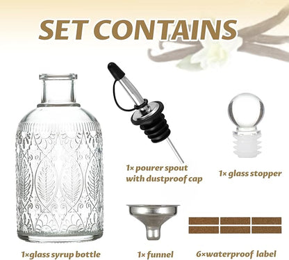 Retro Glass Syrup Dispenser Bottle 7oz, Oil and Vinegar Cruet with Stainless Steel Pour Spout, Labels, Funnel & Stopper(Leaf)
