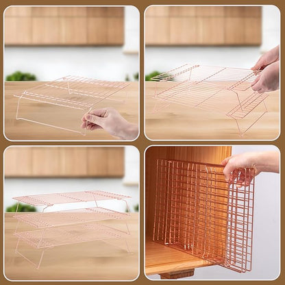 Cooling Rack for Baking 3 Tiers, 16" x 10" Cookie Cooling Wire Rack Stackable Collapsible Nonstick, Stainless Steel Baking Cooking Cooling Racks with Optimum Air Flow, Rose Gold - Image 5