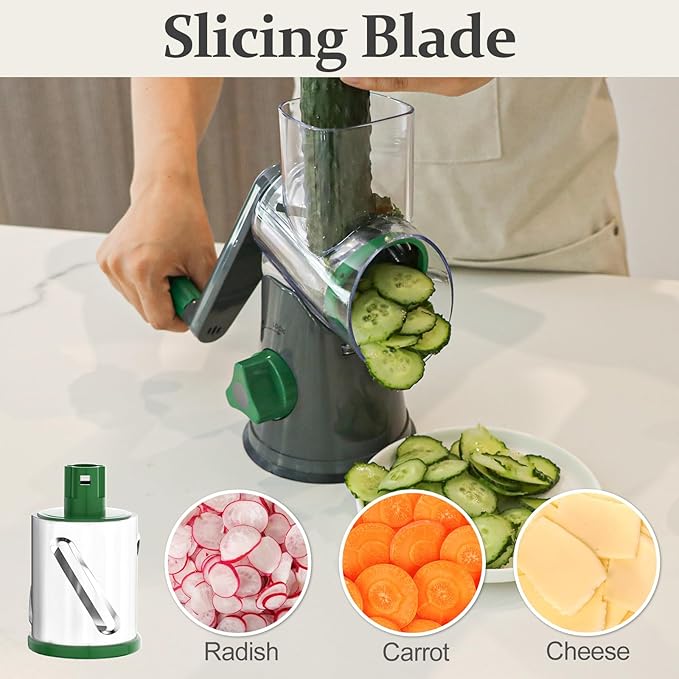 Cambom Rotary Cheese Grater Hand Crank Cheese Shredder for Fresh Cheese, Vegetable, Nuts,Non-slip Suction Base, Free Cleaning Brush Three Blades, Grey and Green - Image 3