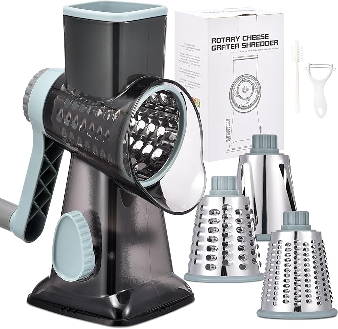 Rotary Cheese Grater with Handle Kitchen Shredder Slicer Grater Slicer Ice Shaver Cheese Vegetable Nuts Potato Zucchini Chocolate 3 Interchangeable Blades (GreyBlue by Ziweaye