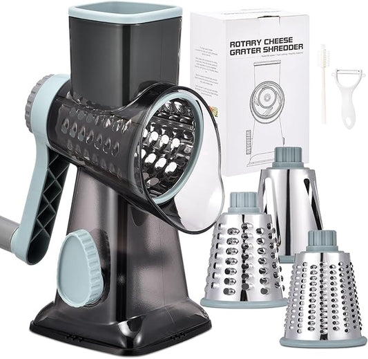 Rotary Cheese Grater with Handle Kitchen Shredder Slicer Grater Slicer Ice Shaver Cheese Vegetable Nuts Potato Zucchini Chocolate 3 Interchangeable Blades (GreyBlue by Ziweaye