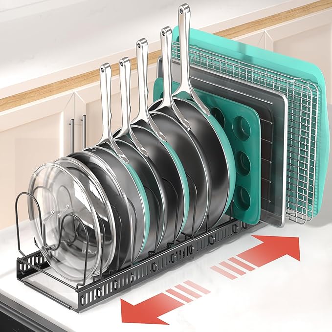 ORDORA Pots and Pans Organizer Under Cabinet, Expandable 11.8"-22.8" Pot Lid Holder with 14 Adjustable Dividers, Pan Organizers inside Cabinet for Kitchen Cookware Bakeware, Black - Image 2