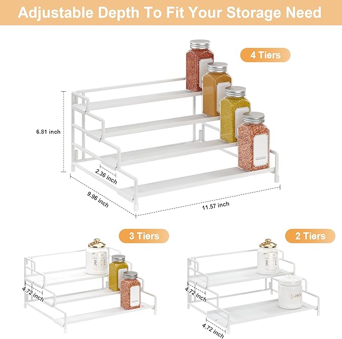 RUILALIFE 4-Tier-Spice-Rack-Organizer-for-Cabinet, Adjustable Depth Spice Holder Shelf For Countertop Pantry Cupboard, Metal Tiered Seasoning Organizer,Display Shelf Riser (White-2 Pack) - Image 3