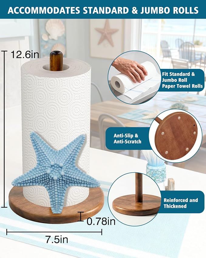 Starfish Paper Towel Holder, Coastal Beach Ocean Decor for Kitchen Bathroom Countertop, Freestanding Wooden Stand, Standard & Jumbo Rolls, Gift for Women