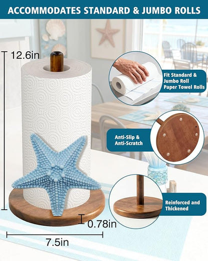 Starfish Paper Towel Holder, Coastal Beach Ocean Decor for Kitchen Bathroom Countertop, Freestanding Wooden Stand, Standard & Jumbo Rolls, Gift for Women