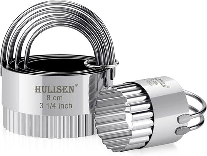 HULISEN Biscuit Cutter Set (5 Pieces/Set), Stainless Steel Round Biscuit Cutters with Handle, Wave Cookies Cutter with Fluted Edge, Professional Baking Dough Tools, Gift Package (Wave) by HULISEN