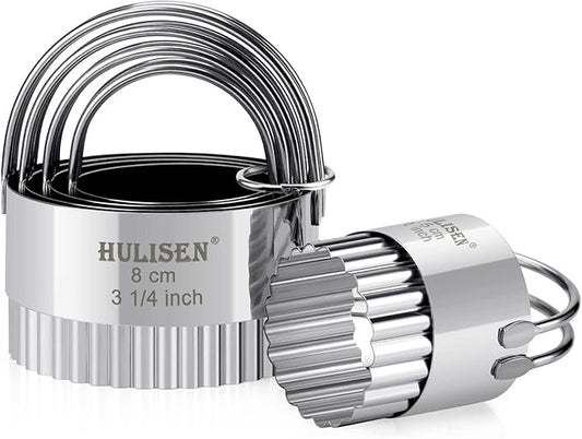 HULISEN Biscuit Cutter Set (5 Pieces/Set), Stainless Steel Round Biscuit Cutters with Handle, Wave Cookies Cutter with Fluted Edge, Professional Baking Dough Tools, Gift Package (Wave) by HULISEN