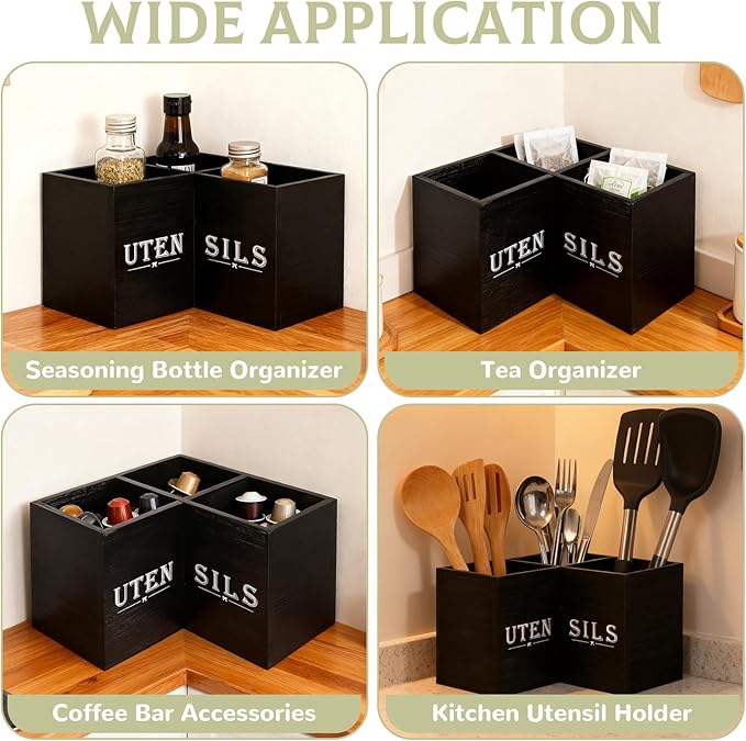 Kitchen Utensils Holder with 3 Compartments,Corner Utensil Caddy,Wooden Utensil Organizer for Countertop, Farmhouse Decor - Image 6