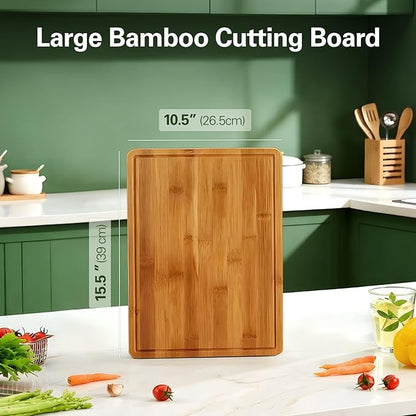 Zarler Bamboo Cutting Boards for Kitchen, 15.5x10.5 Wood Cutting Board with Juice Grooves and Handle, Wooden Chopping Board Set for Meal Prep, 500℉ Carbonized Bamboo, XL Size, Ideal Kitchen Gift