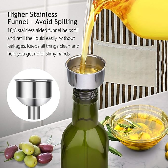 AOZITA [2 PACK 17 oz Glass Olive Oil Dispenser Bottle Set - 500ml Dark Green Oil & Vinegar Cruet Bottle with Pourers, Funnel and Labels - Olive Oil Carafe Decanter for Kitchen - Image 3