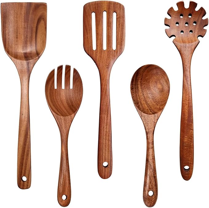 Wooden Spoons for Cooking Non-Stick Kitchen Pan Toolset 5 PCS Set,Natural Kitchen Utensils Spatula, Wooden Cooking Utensils Spoons, Fried Spatula and Salad Fork, Pasta Spoon, Wooden Spoon Set by YYLTJR