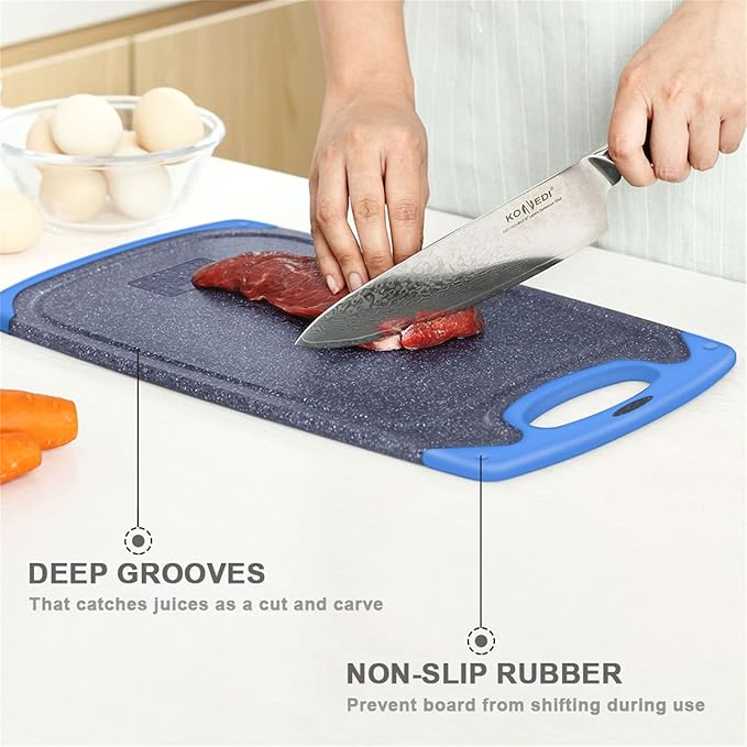 Viretang Non Slip Cutting Board, 3 Pieces Dishwasher Safe Cutting Boards with Juice Grooves, Easy Grip Handle, Non-Slip, with Grinding Area for Grinding Garlic and Ginger（blue） - Image 2