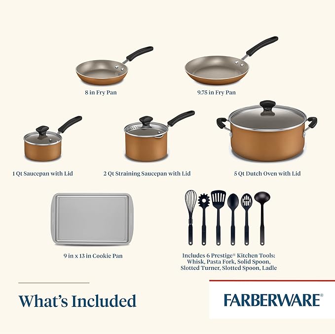 Farberware Cookstart DiamondMax Nonstick Cookware/Pots and Pans Set, Dishwasher Safe, Includes Baking Pan and Cooking Tools, 15 Piece - Copper - Image 4