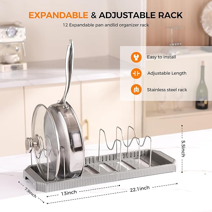Adjustable Pot Lid Organizer Rack, 9 Compartments Cabinet Storage Holder for Pots, Pans, Lids, Cutting Boards, Bakeware - Image 2