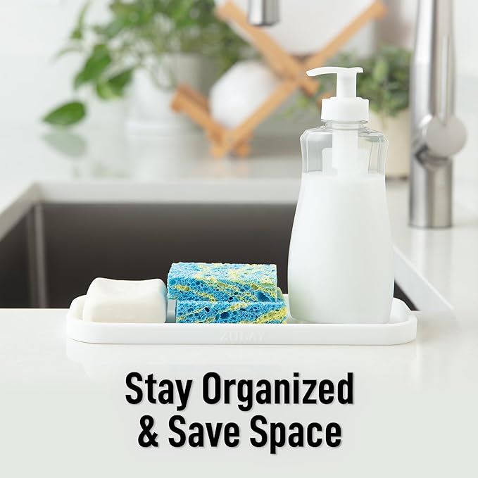 Zulay Kitchen (9x3.5) Silicone Sponge Holder for Kitchen Sink - Flexible Multipurpose Soap Tray - Sink Organizer for Kitchen, Bathroom, Makeup, Trinkets & More (White) - Image 6