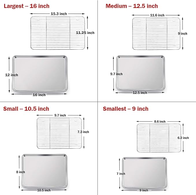 P&P CHEF 16 + 12.5 + 10.4 + 9 Inch Baking Sheet and Rack Set, 8Pcs Stainless Steel Cookie Sheets Oven Baking Pans Trays with Cooling Racks for Cooking, Oven & Dishwasher Safe, Pans with Wire Racks - Image 7
