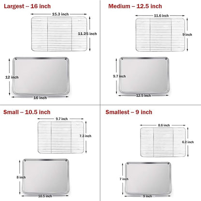 P&P CHEF 16 + 12.5 + 10.4 + 9 Inch Baking Sheet and Rack Set, 8Pcs Stainless Steel Cookie Sheets Oven Baking Pans Trays with Cooling Racks for Cooking, Oven & Dishwasher Safe, Pans with Wire Racks - Image 7