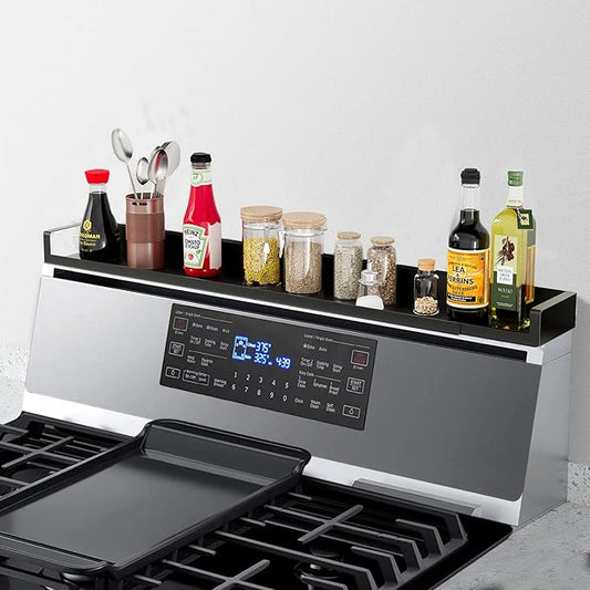 SZJHXIN 4X Strong Magnetic Stove Top Shelf, Adjustable 15-30 Inches, Fits Various Stove Lengths, Kitchen Organizer, Holds Spices, Condiments and BBQ Sauces (Matte Black)