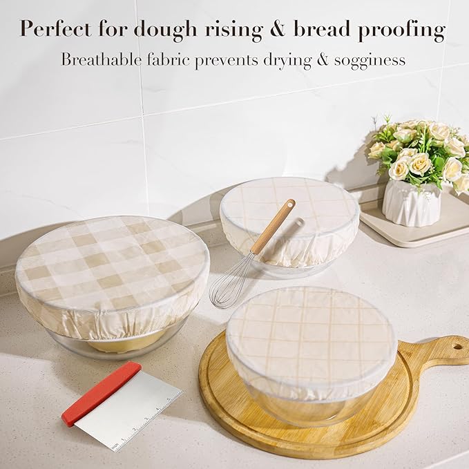Tirphy Reusable Bowl Covers for Bread Proofing - Beeswax Bowl Covers Reusable 8/10/12 Inch - Elastic Cotton Cloth Sourdough Cover - Shower Caps for Sourdough Bread