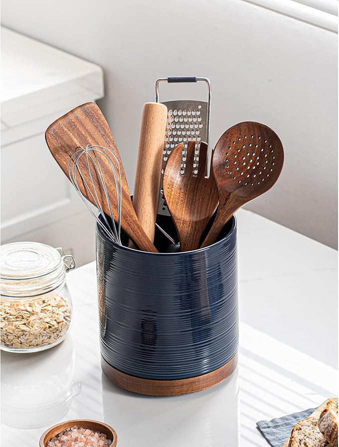 Utensil Holder, 360° Rotating Extra Large Ceramic Kitchen Utensil Holder for Countertop, 7.3“ Cooking Utensil Crocks for Kitchen Counter with Rotatable Wooden Base, Farmhouse Decor, Dark Blue - Image 4
