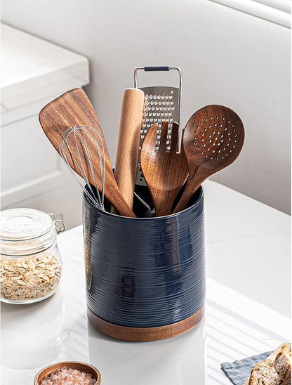 Utensil Holder, 360° Rotating Extra Large Ceramic Kitchen Utensil Holder for Countertop, 7.3“ Cooking Utensil Crocks for Kitchen Counter with Rotatable Wooden Base, Farmhouse Decor, Dark Blue - Image 4