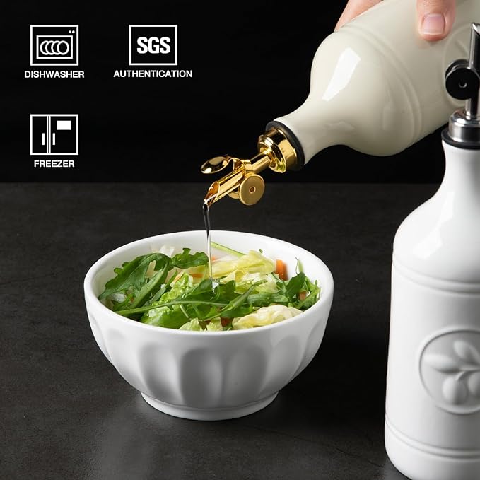 Sweejar 16 Oz Ceramic Olive Oil Dispenser Bottle, Oil Dispenser for Kitchen with Gravity Spout, Relief Opaque Oil Container for Evoo, Avocado Oil, Vinegar, Soy Sauce, 1 Pack(Beige, Gold Spout) - Image 3