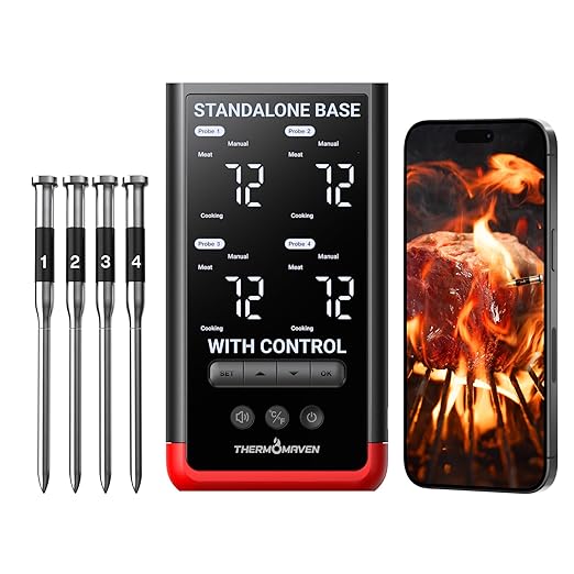 ThermoMaven Smart Bluetooth Wireless Meat Thermometer: Standalone Base, WiFi Unlimited Range, 6 Sensors with NIST Certified Accuracy, 4 Probes for Kitchen, BBQ, Grill, Oven, Smoker, Rotisserie by ThermoMaven