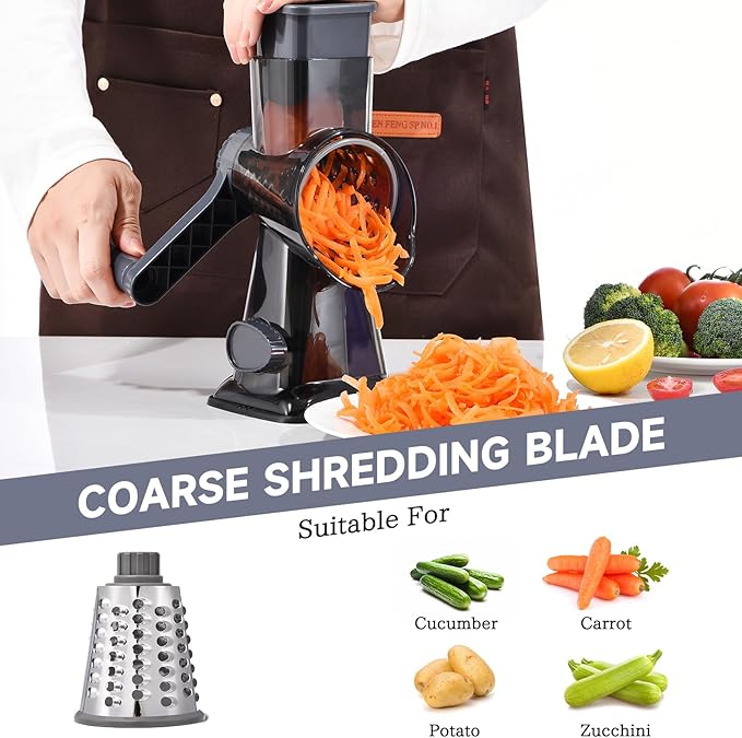 Rotary Cheese Grater with Handle Kitchen Shredder Slicer Grater Slicer Ice Shaver Cheese Vegetable Nuts Potato Zucchini Chocolate 3 Interchangeable Blades (Grey TSP) - Image 3