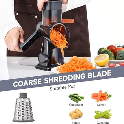 Rotary Cheese Grater with Handle Kitchen Shredder Slicer Grater Slicer Ice Shaver Cheese Vegetable Nuts Potato Zucchini Chocolate 3 Interchangeable Blades (Grey TSP) - Image 3