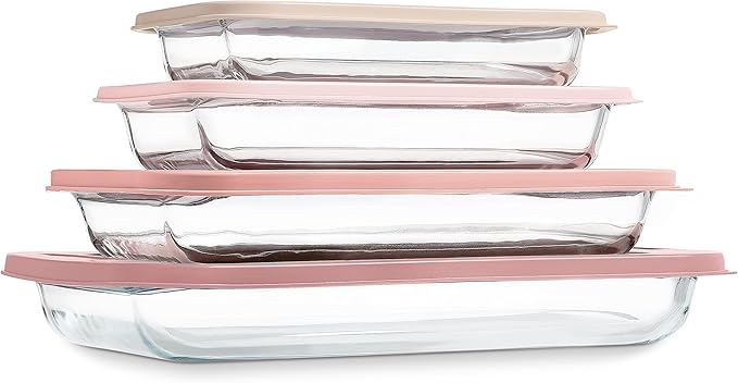 COOK WITH COLOR 8 PC. Glass Baking Dish Set with Lids - Deep Casserole Dish, Glass Food Container, Oven, Freezer and Microwave Safe, Clear Container, Pink by CookwithColor