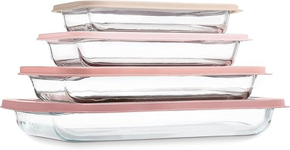 COOK WITH COLOR 8 PC. Glass Baking Dish Set with Lids - Deep Casserole Dish, Glass Food Container, Oven, Freezer and Microwave Safe, Clear Container, Pink by CookwithColor