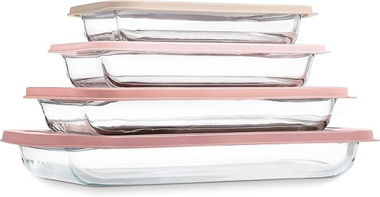 COOK WITH COLOR 8 PC. Glass Baking Dish Set with Lids - Deep Casserole Dish, Glass Food Container, Oven, Freezer and Microwave Safe, Clear Container, Pink by CookwithColor