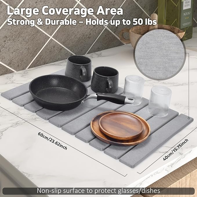 Stone Dish Drying Mats for Kitchen Counter, 24"(L)×16"(W), Drying Collapsible Dish Drying Mat, Eco-Friendly Absorbent Diatomaceous Earth Mats for Dishes Bottles Cups, Match Any Countertop - Image 4