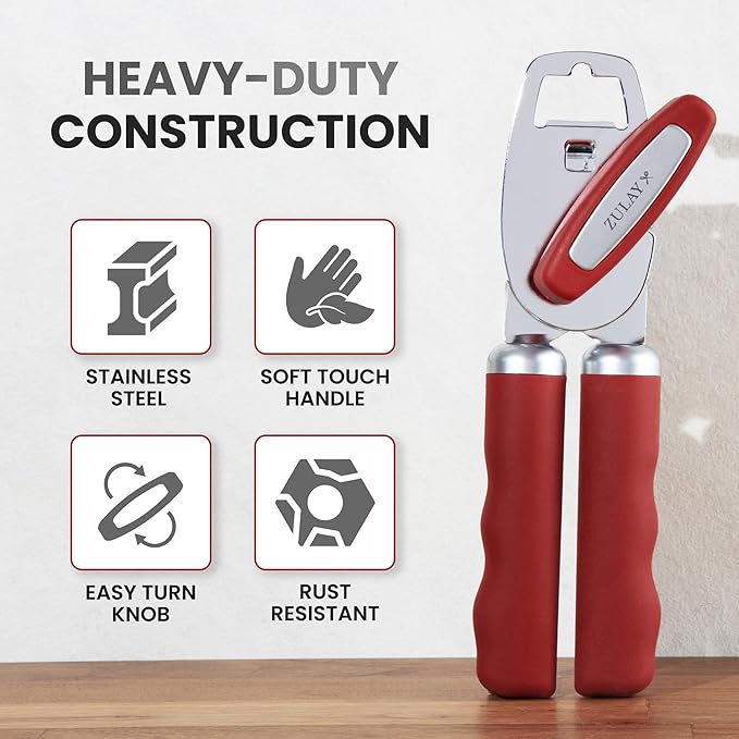 Zulay Kitchen Heavy Duty Stainless Steel Can Opener Manual with Bottle Opener - Rust Proof Manual Can Opener With Turn Knob & Comfy Soft Grip Handles - Red - Image 3