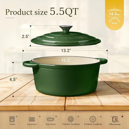 Overmont Enameled Cast Iron Dutch Oven - 5.5QT Pot with Lid Cookbook & Cotton Potholders - Heavy-Duty Cookware for Braising, Stews, Roasting, Sourdough Baking Glossy Green - Image 4
