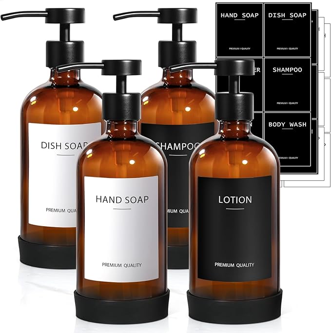 RYTOXILO Amber Glass Soap Dispenser 4 Pack, Hand Soap Dispenser Bathroom with Stainless Steel Pump, 16.9 Fl oz Hand and Dish Soap Dispensers Set Kitchen, Modern Brown Soap Lotion Dispensers Bottle by RYTOXILOBrightenUpYourHome