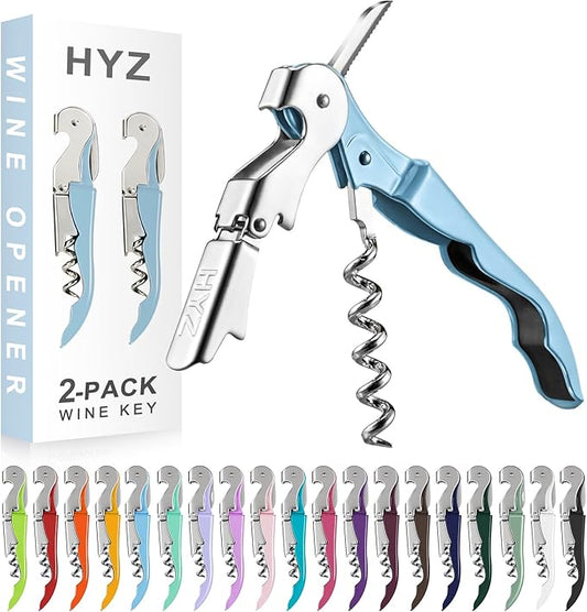 HYZ 2-Pack Wine Opener Waiter Corkscrew, Professional Wine Key for Servers, Bartender with Foil Cutter, Manual Wine Bottle Opener Double Hinged (Sky Blue) by HYZ