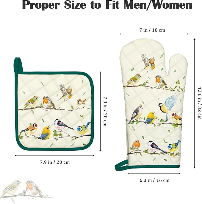 Bird Branch Oven Mitts and Pot Holders Sets 2Pcs, 100% Cotton Heat Resistant, Extra Long Oven Gloves Potholder for Kitchen Cooking Baking Decoration, Housewarming Gifts for Mom - Image 4