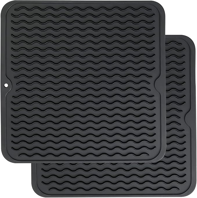 ZLR 2 Pcs Silicone Dish Drying Mat 12" x 12" Square - Small Heat Resistant Trivet & Countertop Protector for Air Fryer, Coffee Maker - Waterproof Kitchen Drain Pad for Cups, Fruit (Black) by ZLR